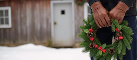 Closeup portrait of vintage leather gloves holding a festive wreath against a blurry backdrop of a snowy barn photo