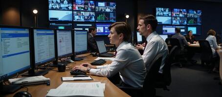 Newsroom Control Centre backdrop featuring journalists at work on investigations photo