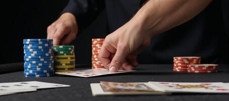 Closeup image of dynamic poker action featuring moving chips and cards photo