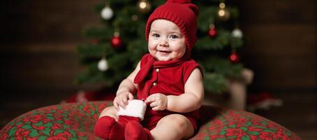 Infant dressed for Christmas with festive attire photo