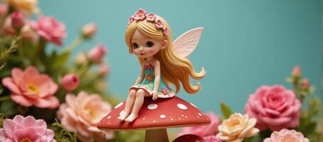 A whimsical fairy sits atop a red mushroom adorned with floral crown photo