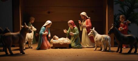 A charming Christmas Nativity scene bathed in warmth featuring farm animals symbolizes the essence of holiday spirit tradition photo