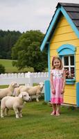 Whimsical illustration Girl with sheep by a colorful countryside home photo