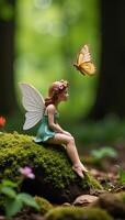 Fairy sitting on ground with flower crown Butterfly hovering overhead photo