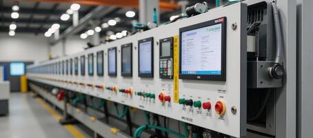 Industrial control panel within a factory showcasing rows of buttons gauges and monitors displaying data amidst metallic framing and wires photo