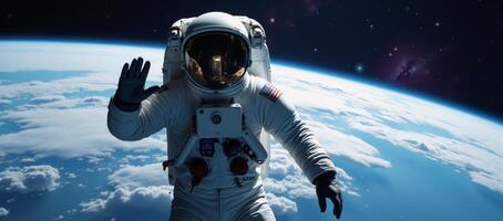 Space explorer banner showcases an astronaut waving against a backdrop of vast emptiness photo