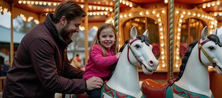Carousel operator assisting kids on vibrant horses near festively adorned carousel during holiday season photo