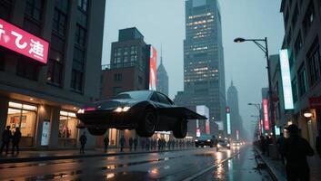 A cyberpunk cityscape showcases sleek futuristic buildings amidst a constant downpour with flying vehicles navigating slick streets under the glowing neon lights photo