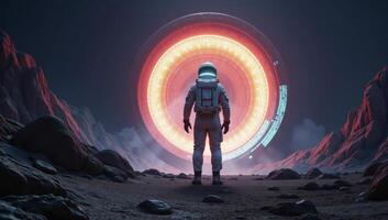 Astronaut before alien space portal on distant planet SciFi photo