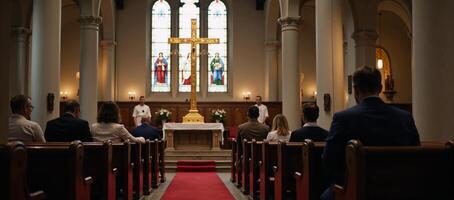 Devout worshippers at prayer before crucifix in traditional church setting Religious Solemn photo