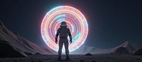 Astronaut before alien space portal on distant planet SciFi photo