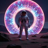 Astronaut before alien space portal on distant planet SciFi photo
