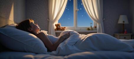 Cozy dreamscape bedroom with gently glowing night sky and soft shadows evoking a childs imagination photo