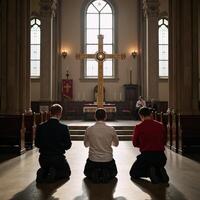 Devout worshippers at prayer before crucifix in traditional church setting Religious Solemn photo