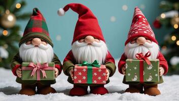 Three giftbearing Christmas gnome figures photo