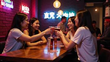 An Asianthemed nightlife scene featuring adults enjoying drinks and laughter at a lively bar party photo