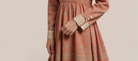 A detailed image featuring a demiseason casual dress with long sleeves and a full skirt for a coloring page photo