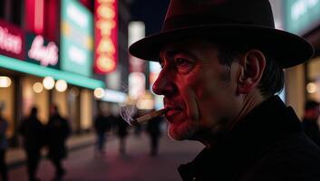 A cigarettesmoking man wearing a hat appears in a retro cityscape at night framed by colorful neon lights photo