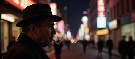 A cigarettesmoking man wearing a hat appears in a retro cityscape at night framed by colorful neon lights photo