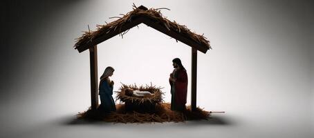 An empty manger featuring a nativitythemed display photo