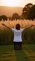 Person kneels with open arms toward sunsetbackdrop for prayer at meadow photo