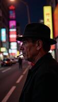 A cigarettesmoking man wearing a hat appears in a retro cityscape at night framed by colorful neon lights photo