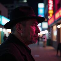 A cigarettesmoking man wearing a hat appears in a retro cityscape at night framed by colorful neon lights photo