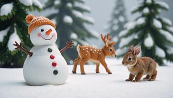 Whimsical winter wonderland illustration featuring snowman deer and rabbits photo