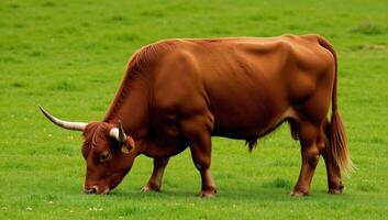 A lone imposing Highland cow grazes in a verdant pasture photo