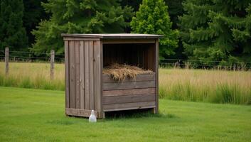 A rustic wooden calf hutch filled with fresh hay and water is situated amidst a lush green pasture bordered by mature vegetation photo