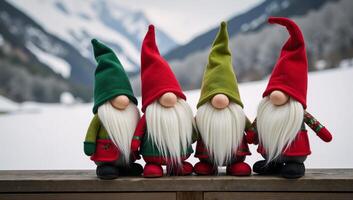 Gathered Christmas gnomes wear colorful pointed hats amidst a joyous snowy winter setting photo