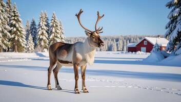 Reindeer without horns in winter farm landscape Finnish Lapland HighDefinition Realism photo