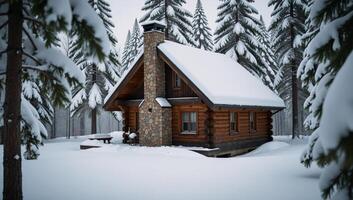 Snowy cabin nestled amidst a wintry forest landscape photo