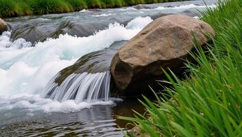A closeup of a cascading water stream with nearby rocks and surrounding lush greenery photo