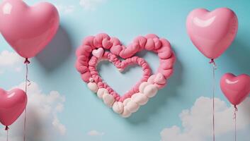Valentines Day scene featuring pink heartshaped balloons against a backdrop of romantic clouds adorned with an abstract representation of a beautiful colored heart photo
