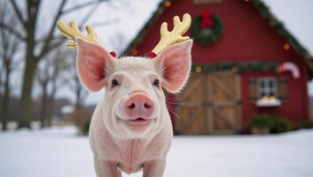 A playful pig dons reindeer antlers before a frosty festive barn with Christmas decor photo