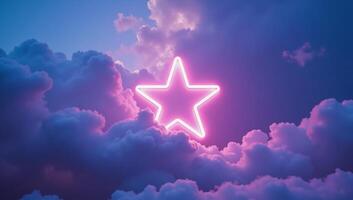 A vibrant futuristic wallpaper featuring a neonlit abstract minimalist background with a glowing star and a tumultuous colorful cloudstorm of cumulus clouds photo