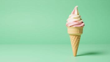 Pastelgreen backdrop featuring a solitary ice cream cone centrally placed photo