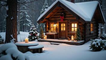 A snowcovered cabin glows warmly from within against a cold winter landscape surrounded by candles on podiums adorned with falling snowflakes Cosy Winter Scene photo