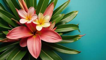 A layered tropical leaf and flower composition with soft hues photo