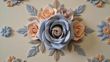 A detailed floralthemed drawing featuring a captivating arrangement of roses in soft shades of gray and peach photo