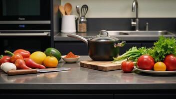 Modern kitchen island setup with culinary tools showcasing cooking knowhow and instructional appeal photo