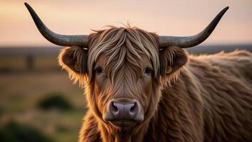 A serene highland cow gazes peacefully with sweeping horns bathed in soft sunset tones photo