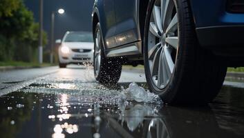 Closeup of car wheels splashing water during a stormy night photo