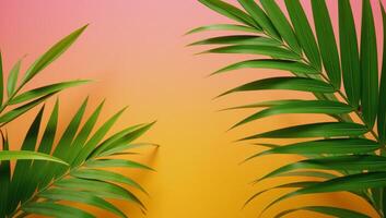 A bright summer scene featuring vibrant tropical foliage against a pinkorangeyellow gradient backdrop photo