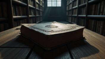 Spooky library filled with dusty books and creaks fostering a hauntingly mysterious ambiance photo