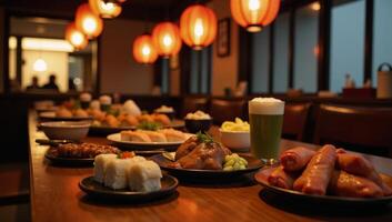 A cozy Japanese izakaya bar featuring traditional lanterns drinks delectable foods ideal for a captivating nighttime dining experience photo