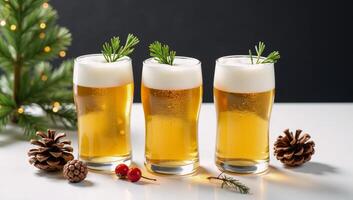 Three frosty glasses of beer adorn a wintry scene on a white table surrounded by pinecones and decorative elements evoking the joyous holiday atmosphere photo