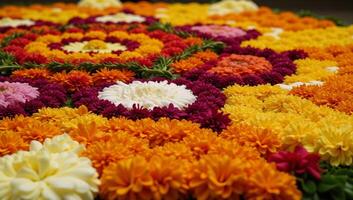 A detailed closeup image showcasing a traditional Onam Pookalam floral carpet photo