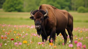 Buffalo in flowerfilled field photo